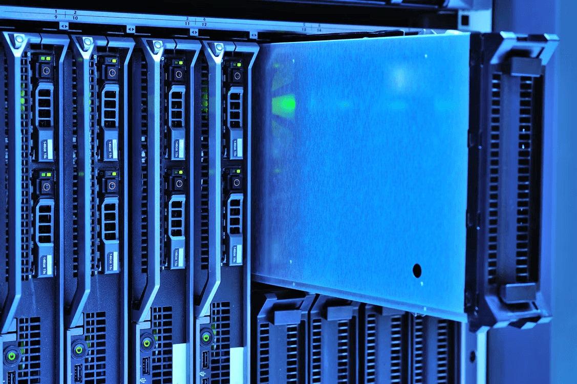 Server blades in a rack, one drawn out for service